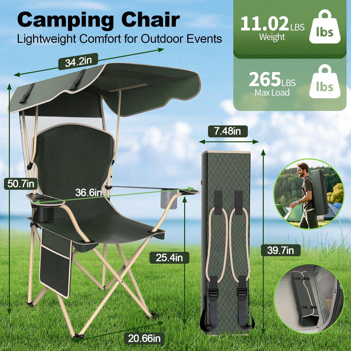 VTOY Portable Folding Camping Chair with Canopy, Outdoor Sun Shade Chair
