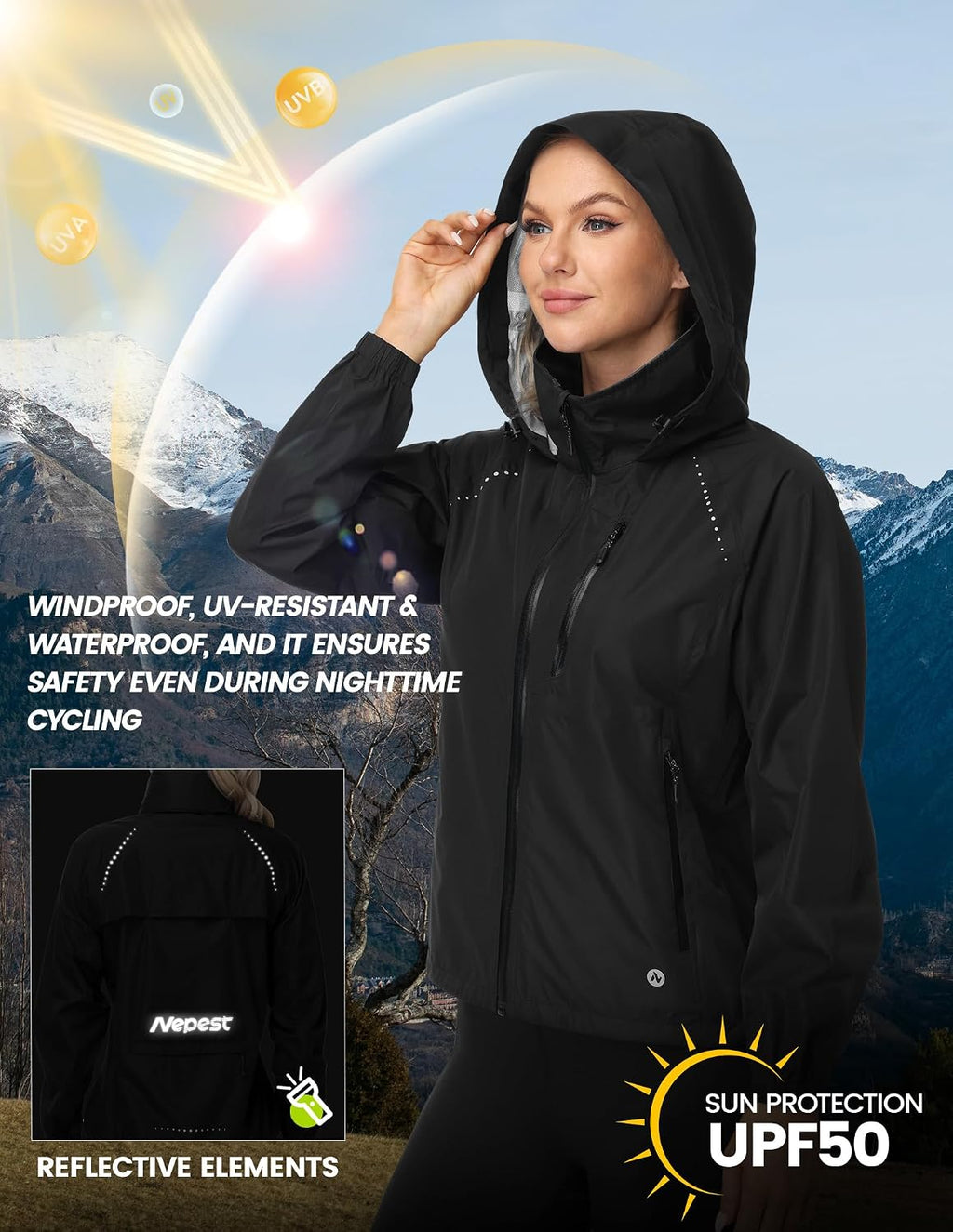 Nepest Womens Cycling Rain Jackets Biking Windbreaker with Hood UPF 50+