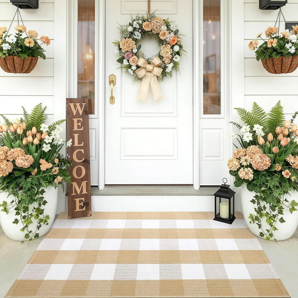 OLANLY Buffalo Plaid Rug 2'4" x 3'7" (27.5" x 43") – Beige and White Cotton Checkered Doormat, Washable Indoor Outdoor Rug for Layered Front Porch, Kitchen, Entryway Decor