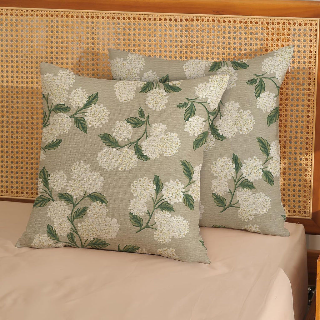 Beige Spring Pillow Covers 18x18 Inch 2 Pcs Khaki Green Hydrangea Flower Decor Throw Pillows Vintage Floral Seasonal Summer Outdoor Decoration Pillowcase Linen Cushion Cover for Couch Sofa