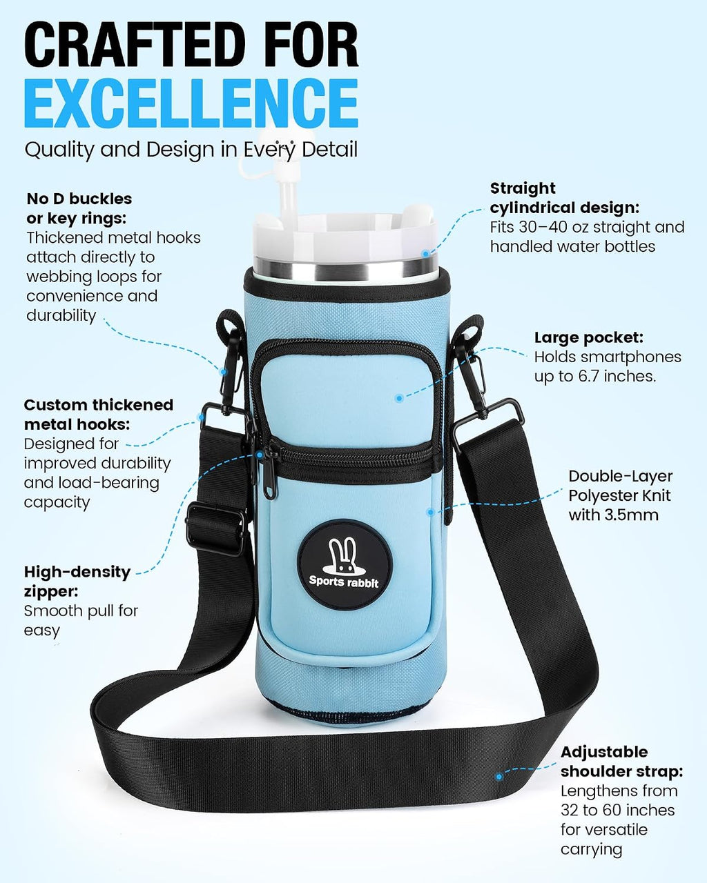 Sports rabbit Universal Water Bottle Holder with Strap & Phone Pocket