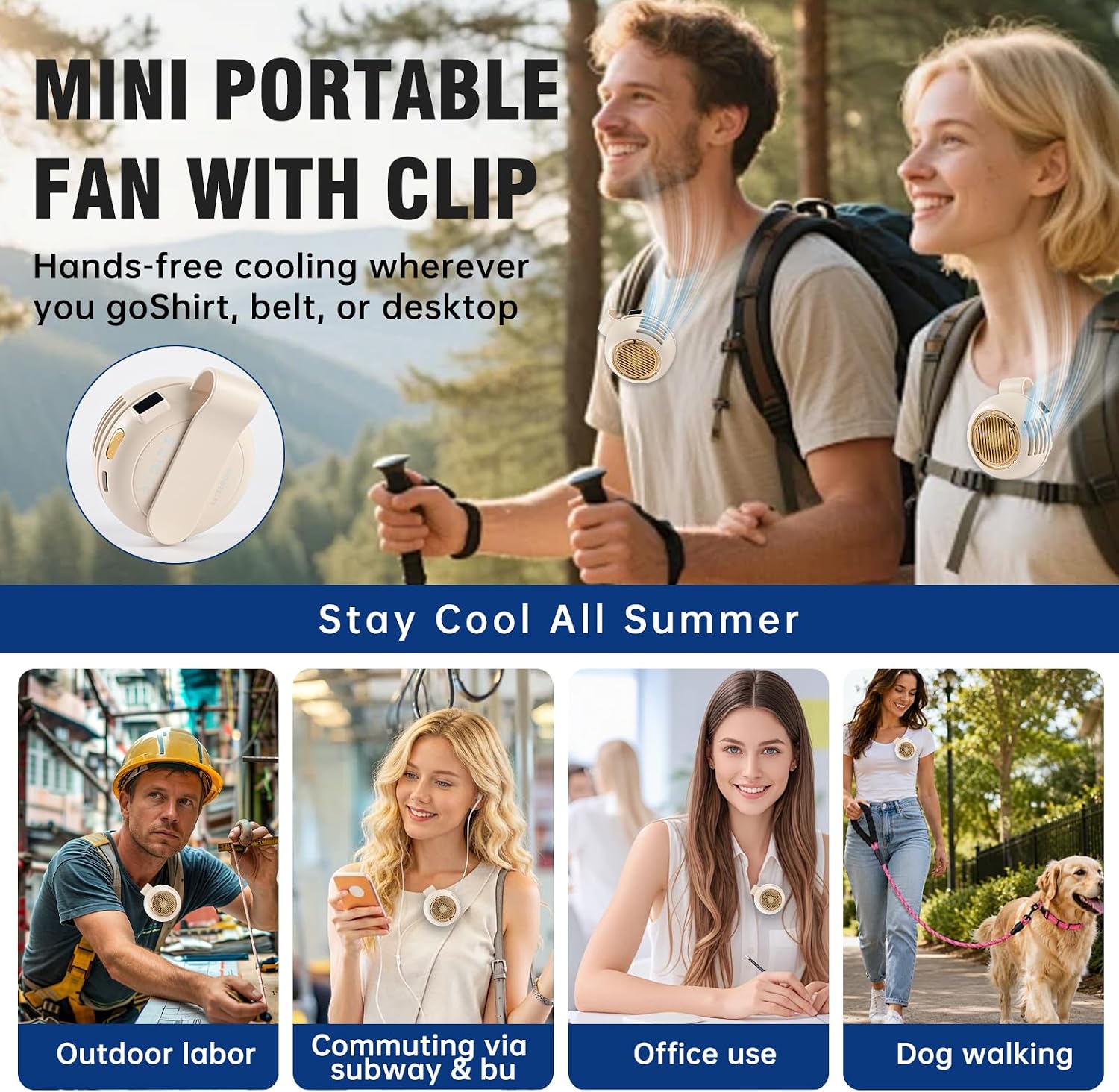 Wearable Clip Fan Rechargeable, 360° Rotating Mini Personal Fan, 5 Speed Bladeless Portable Neckline & Waist Cooling Fan for Outdoor Work, Construction, Camping, Gardening,Office, Travel Essentials