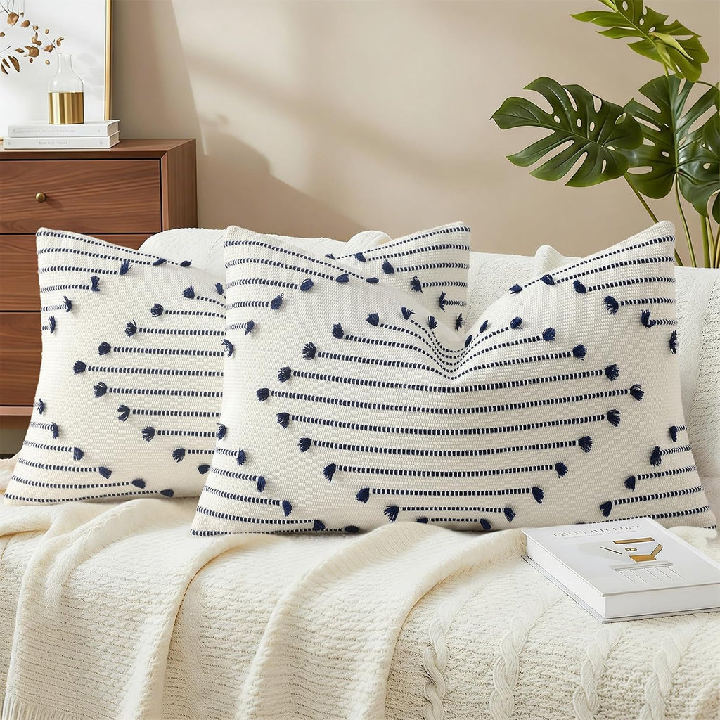 Mecatny Boho Outdoor Throw Pillow Covers 12x20 Set of 2 Navy & Cream White