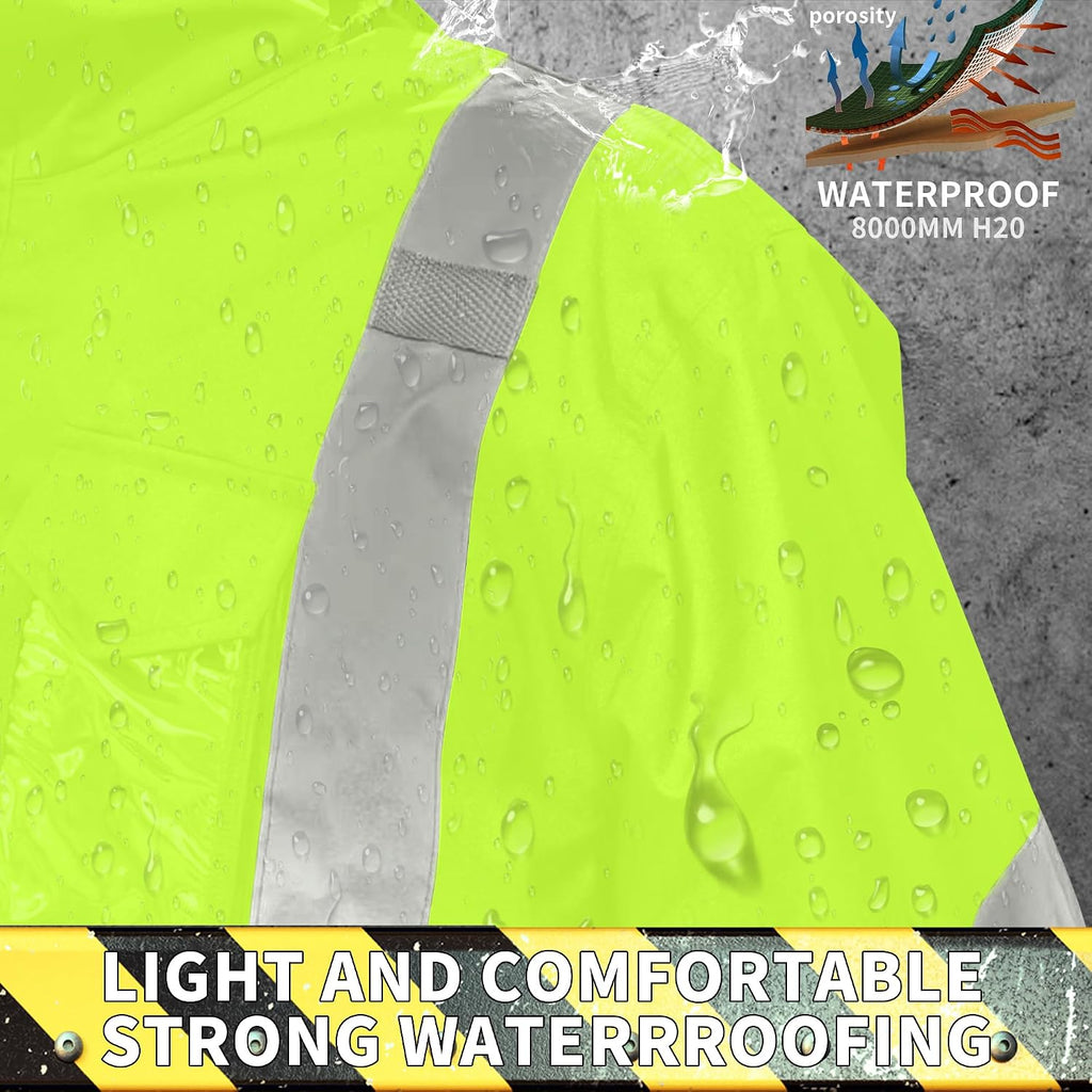 Safety Rain Jacket for Men Waterproof，Class 3 Hi Vis Rain Gear with Collapsible Hood， Breathable Rain Suits with Inner Mesh Lining and pocket，Reflective Waterproof Pants L/XL