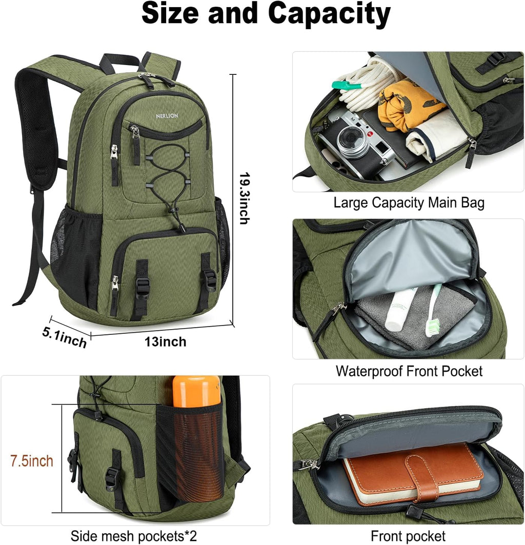 Nerlion Lightweight Foldable 35L Hiking Backpack Travel Backpack for Men Women Camping Waterproof Outdoor Hiking Daypack Backpack Green