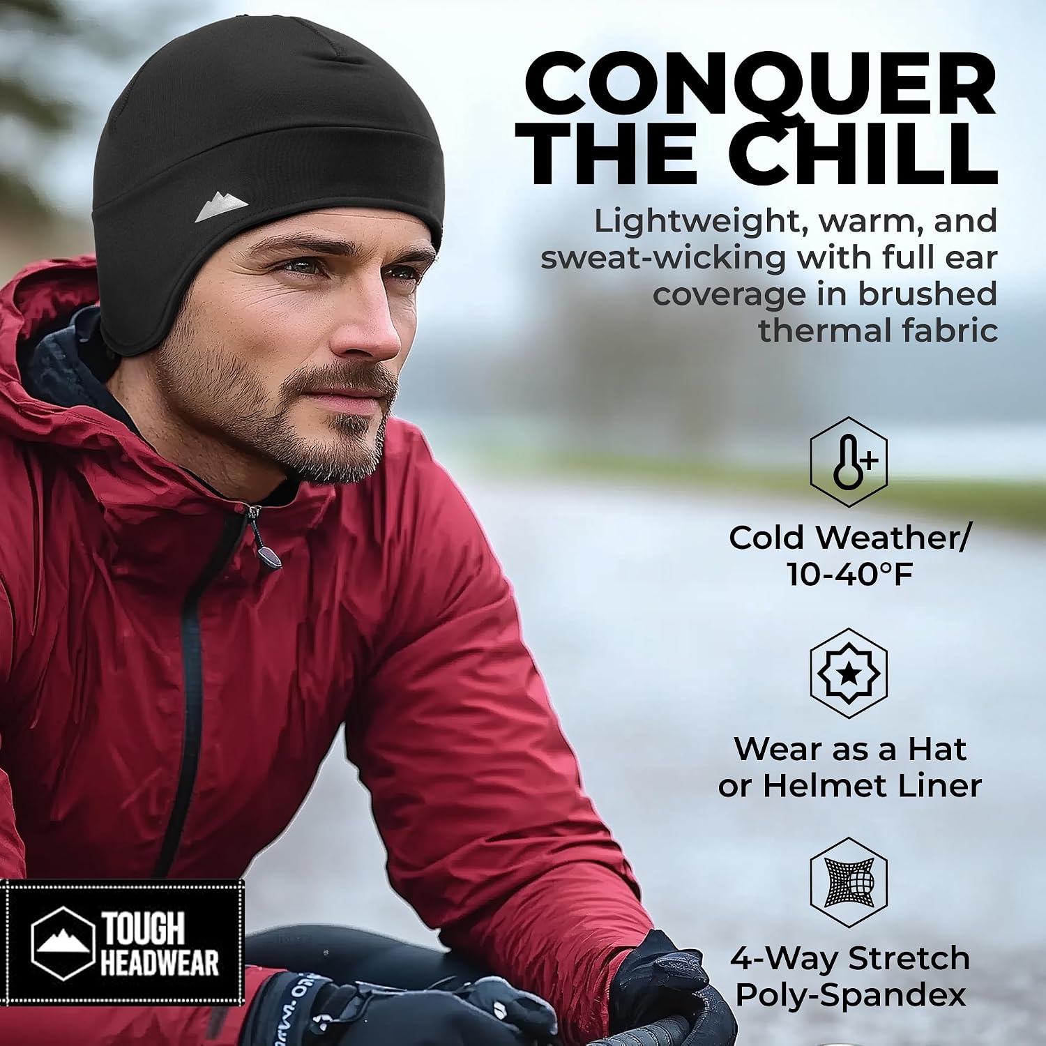 Tough Headwear Thermal Skull Cap - Moisture-Wicking Running Beanie - Snug Fit Ski Helmet Liner - Lightweight Cycling Cap