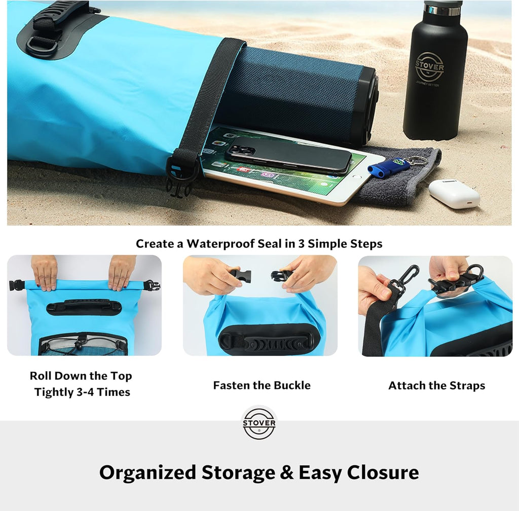 STOVER 5/10/25/30/40L Waterproof Dry Backpack & Phone Case- Large Floating Dry Bag for Kayaking, Travel, Hiking, Fishing, Camping, Motorcycles & Beach, Heavy-Duty Roll Top Men/Women (Blue)