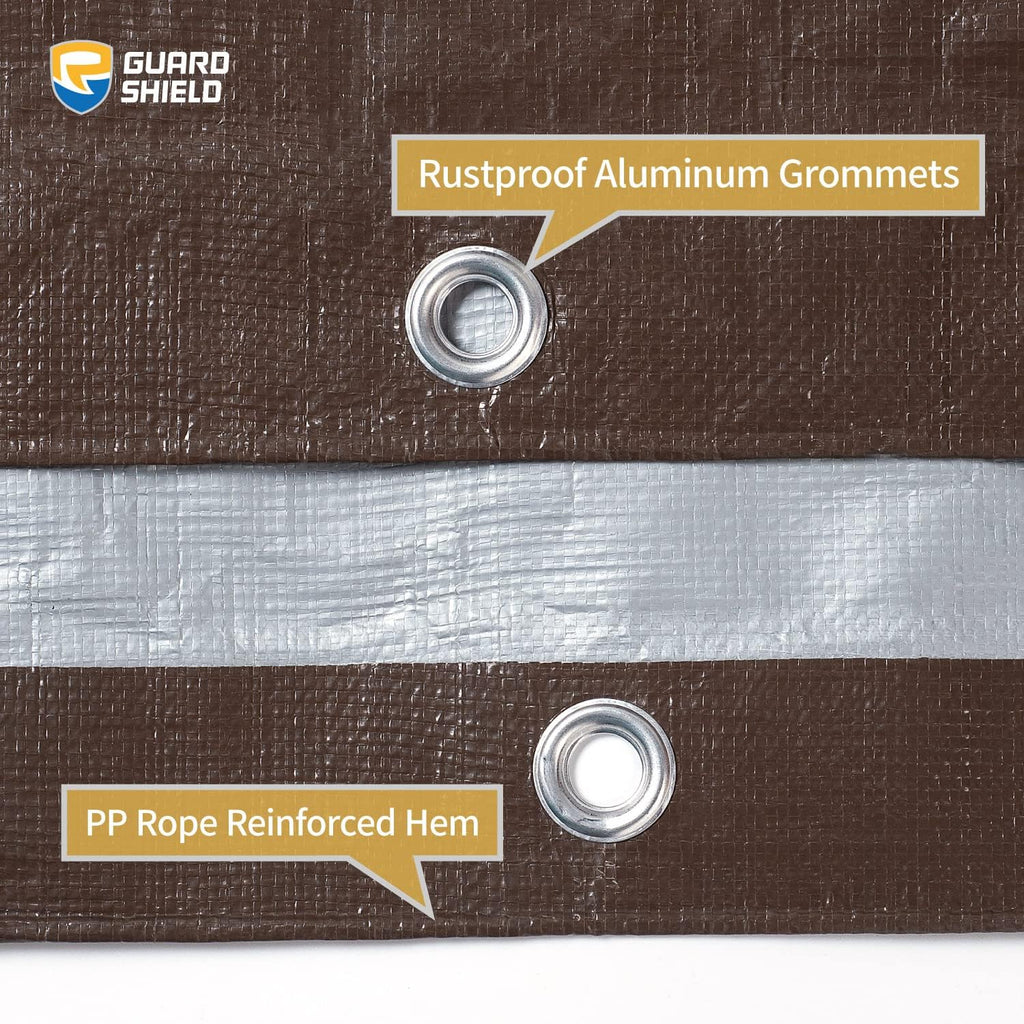 GUARD SHIELD Tarps Heavy Duty Waterproof 10x10 Feet Brown/Bright Silver Poly Tarp Cover Square Outdoor Thick UV Resistant Tarpaulin with Grommets 10mil