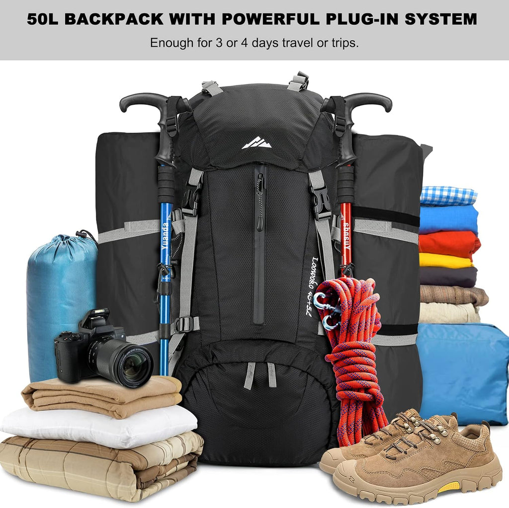 Loowoko 50L Hiking Backpack with Rain Cover for Both Men & Women | Lightweight at Just 2.8 lbs, External Extension with Compression Straps for Backpacking, Hiking, Camping, Trekking