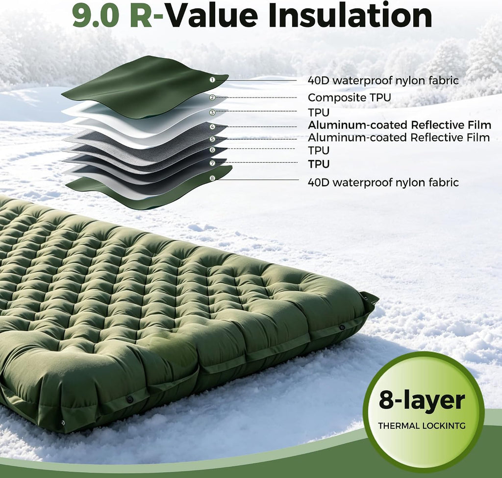 Lamberia 9.0 R Value Self Inflating Sleeping Pad, 5" Thick Camping Bed