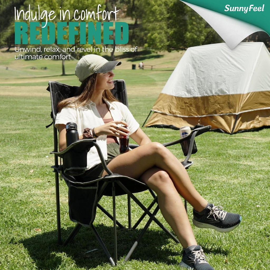 SUNNYFEEL Camping Chairs for Adults, Padded Oversized Camping Chair Heavy Duty 500LBS, Portable Lawn Chair with Cup Holder, Side Pocket&Bag for Outdoor Camping/Beach/Picnic/Fishing, Black