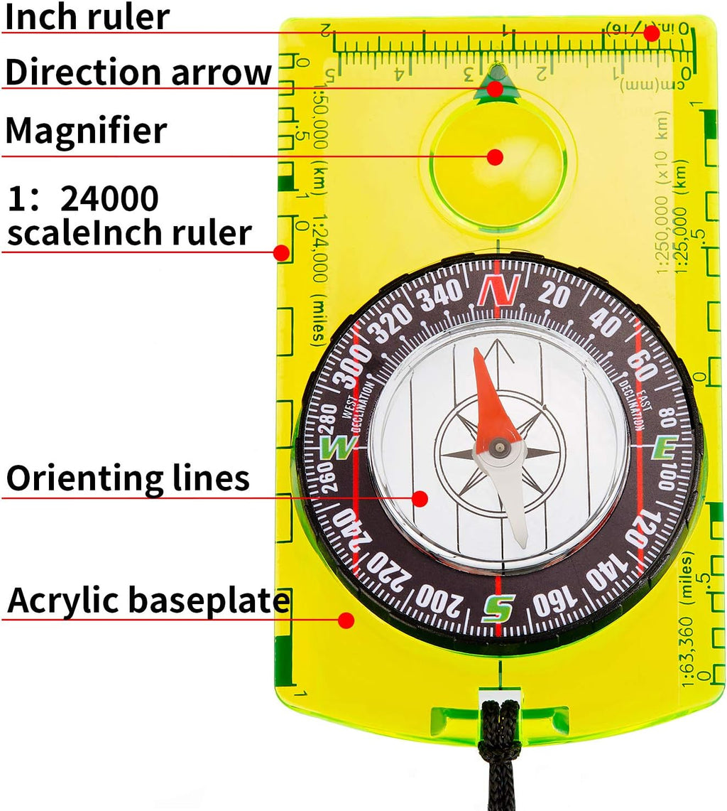 BBTO 9 Pieces Orienteering Compass Hiking Backpacking Camping Compass Map Reading Outdoor Waterproof Compass for Scout Men Women