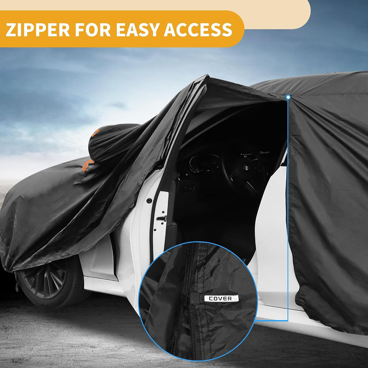 Universal Car Cover Waterproof All Weather 210D-PU, UV Sun Rain Protection, Fits for Sedan Length 199"-208", with Left Side Zipper, Black