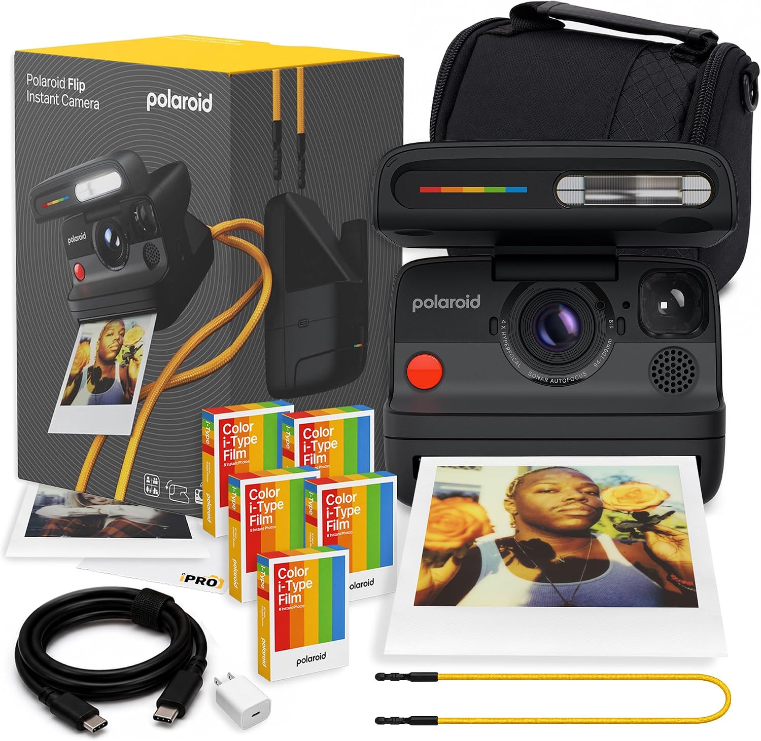 Polaroid Flip Instant Camera in Black with 4-Lens System + 16 Film Bundle | Instant Camera for Travel, Parties &amp; Creative Photography, Sonar Autofocus, Compatible with i-Type &amp; 600 Film