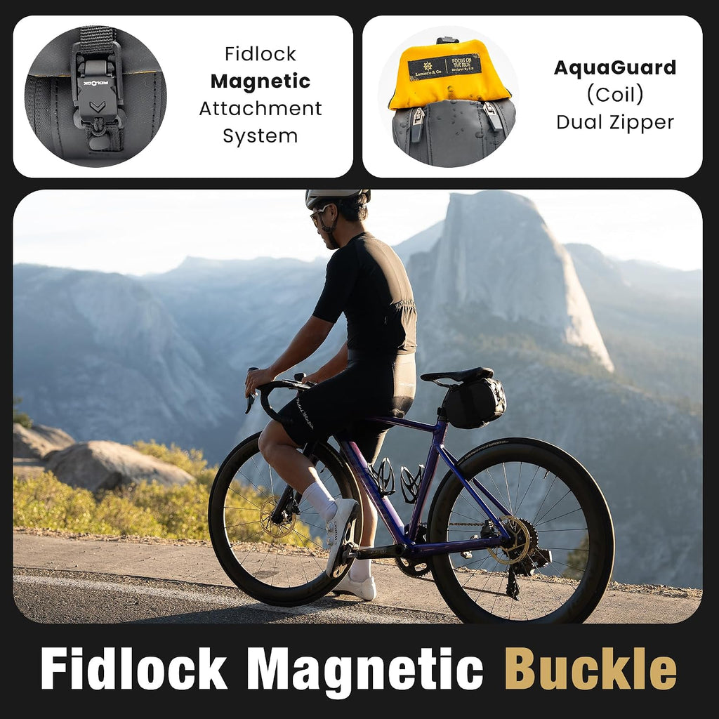 Lumiere & Co. Maximus Magnetic Bike Seat Bag – Quick-Attach Saddle Bag with AquaGuard Zippers, Secure Under-Seat Storage for Cycling Gear & Accessories (Black, Small)