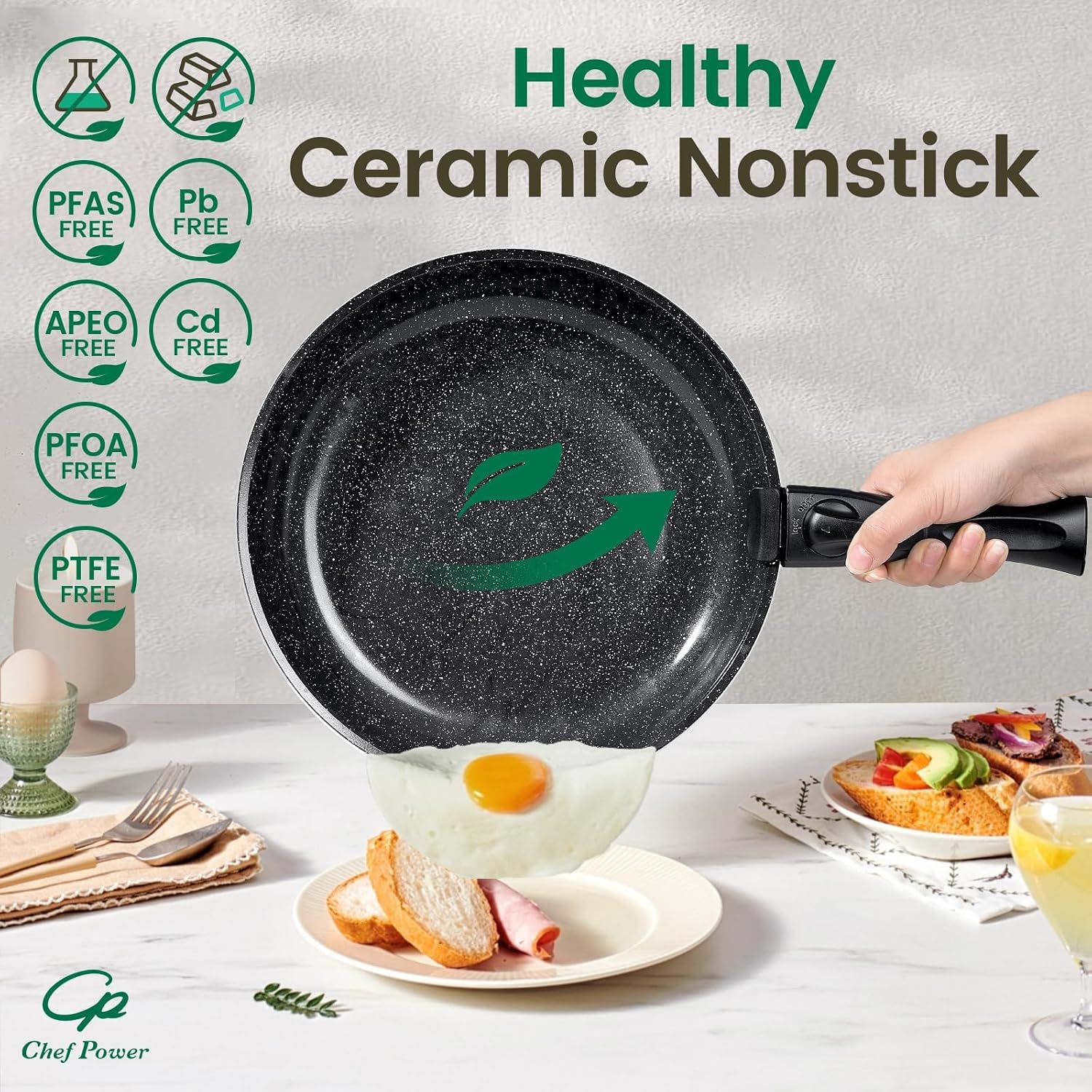 Chef Power Ceramic Cookware Set, 19 PCS Detachable Non Stick Pots and Pans