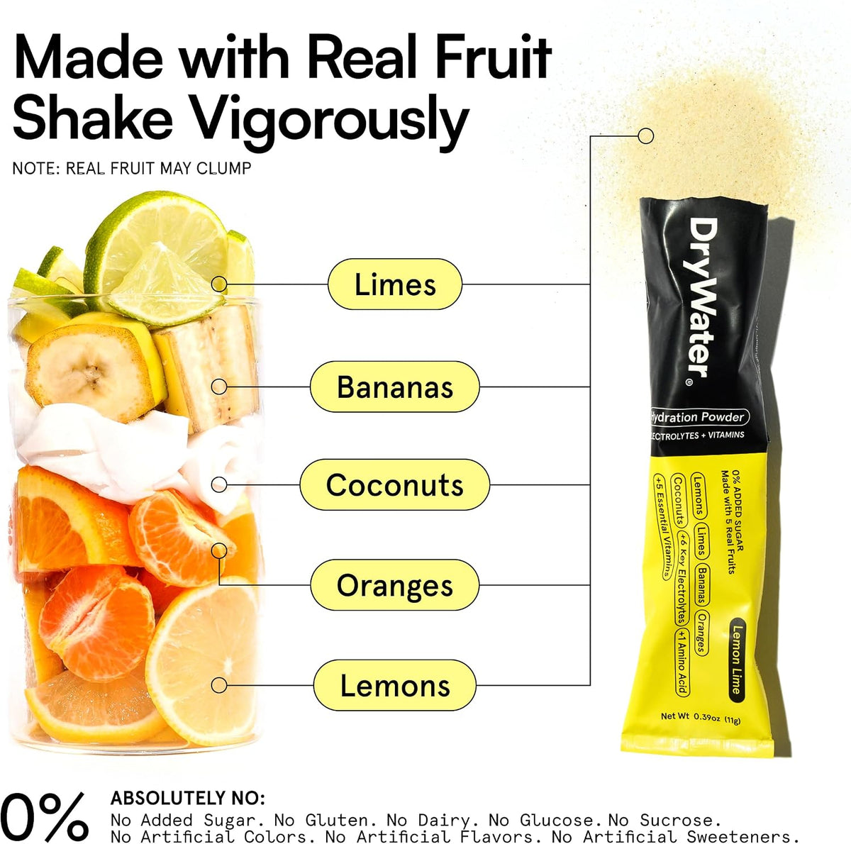DryWater Electrolytes + Vitamins Hydration Packets, Lemon Lime 12 Pack