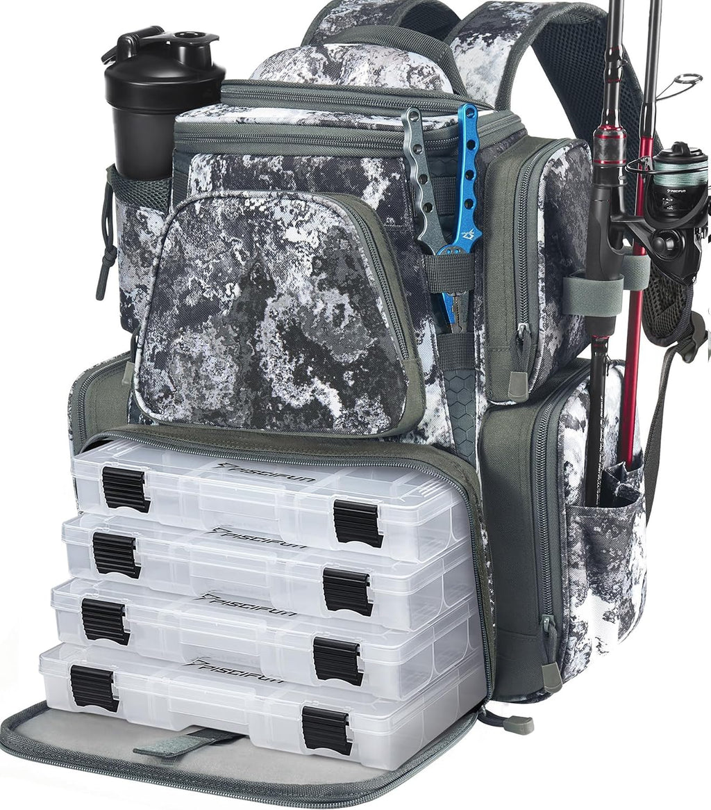 Piscifun Fishing Tackle Backpack with 2 Rod Holders, 4 Boxes & Rain Cover