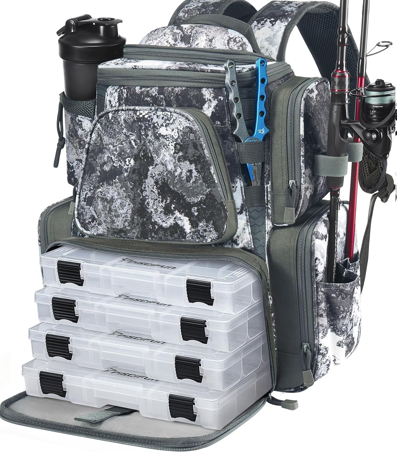Piscifun Fishing Tackle Backpack with 2 Rod Holders, 4 Boxes & Rain Cover