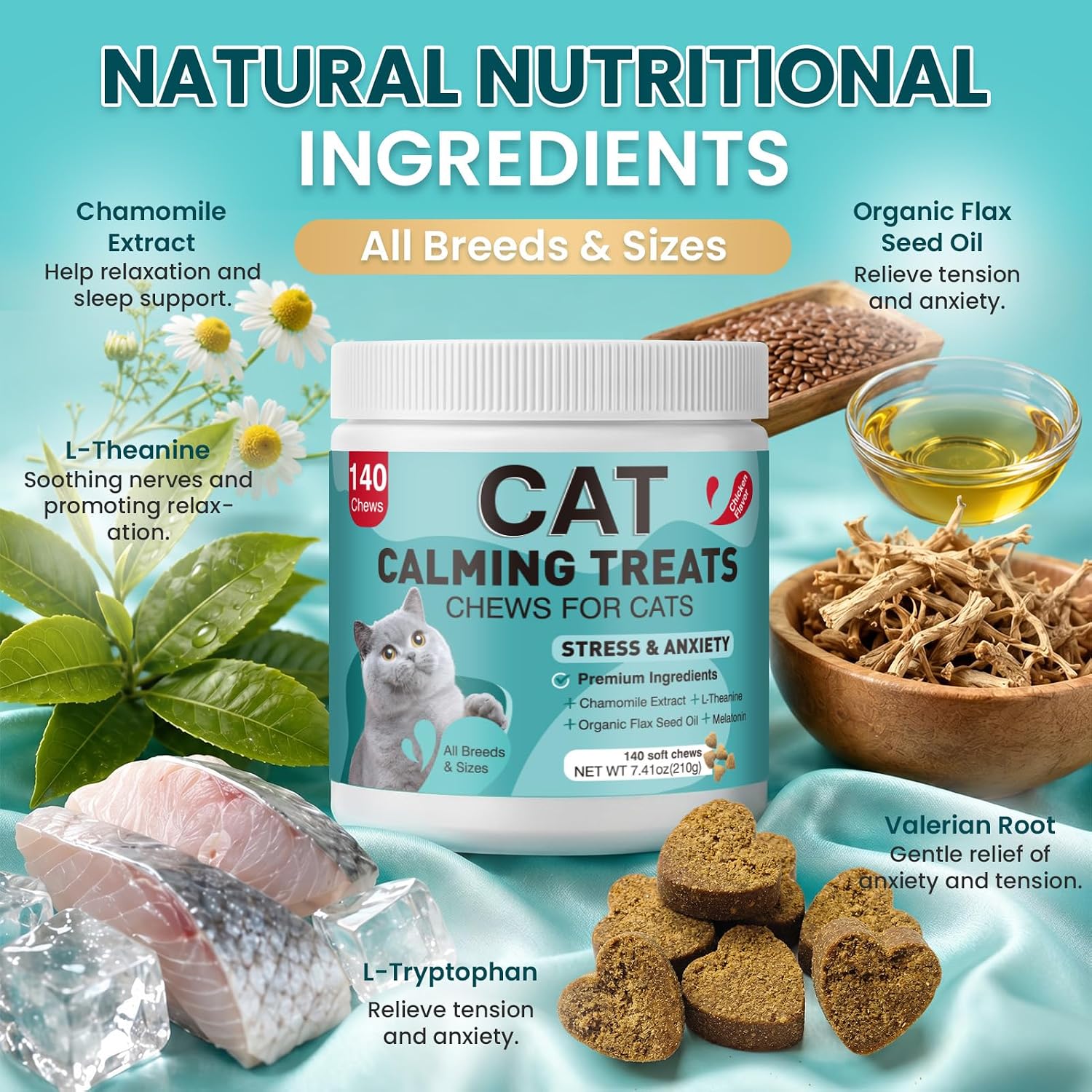 Cat Calming Treats, 140 Soft Chews to Relieve Anxiety, Stress & Prevent Bites, Perfect for Travel & Veterinary Visits, Soothing Calming Care for Indoor Cats Chicken Flavor 7.41 OZ