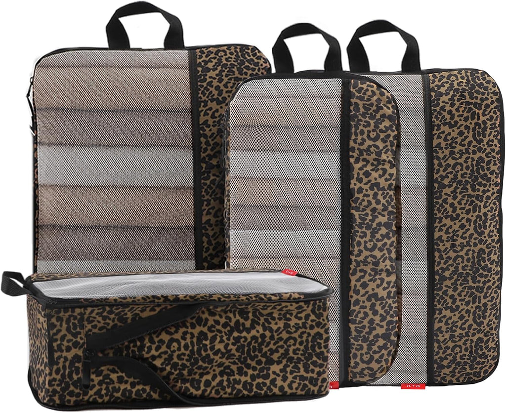 U+U 4 Set Compression Packing Cubes - Ultralight Travel Cubes (Leopard)