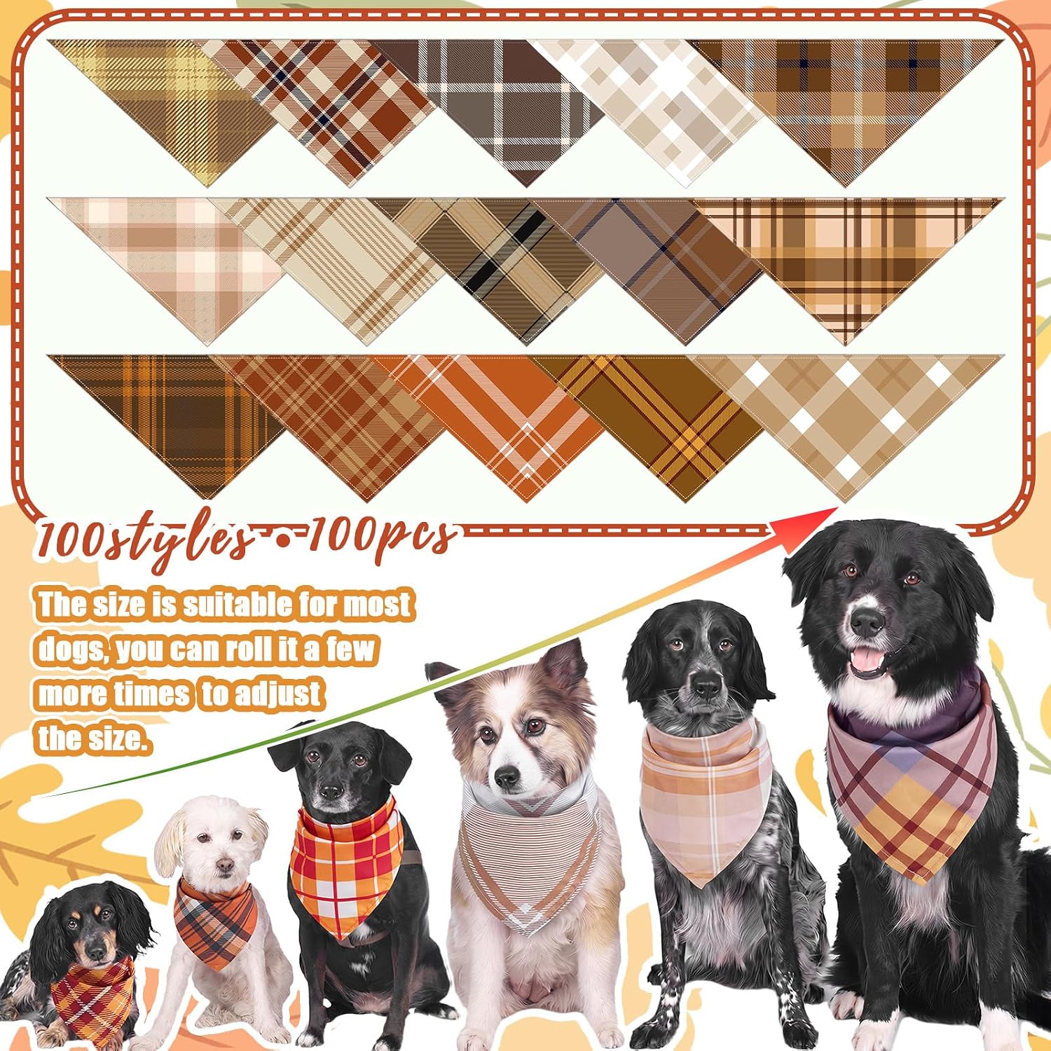 Huhumy 100 Pcs Fall Dog Bandanas Bulk Plaid Bandanas for Fall Dog Costume