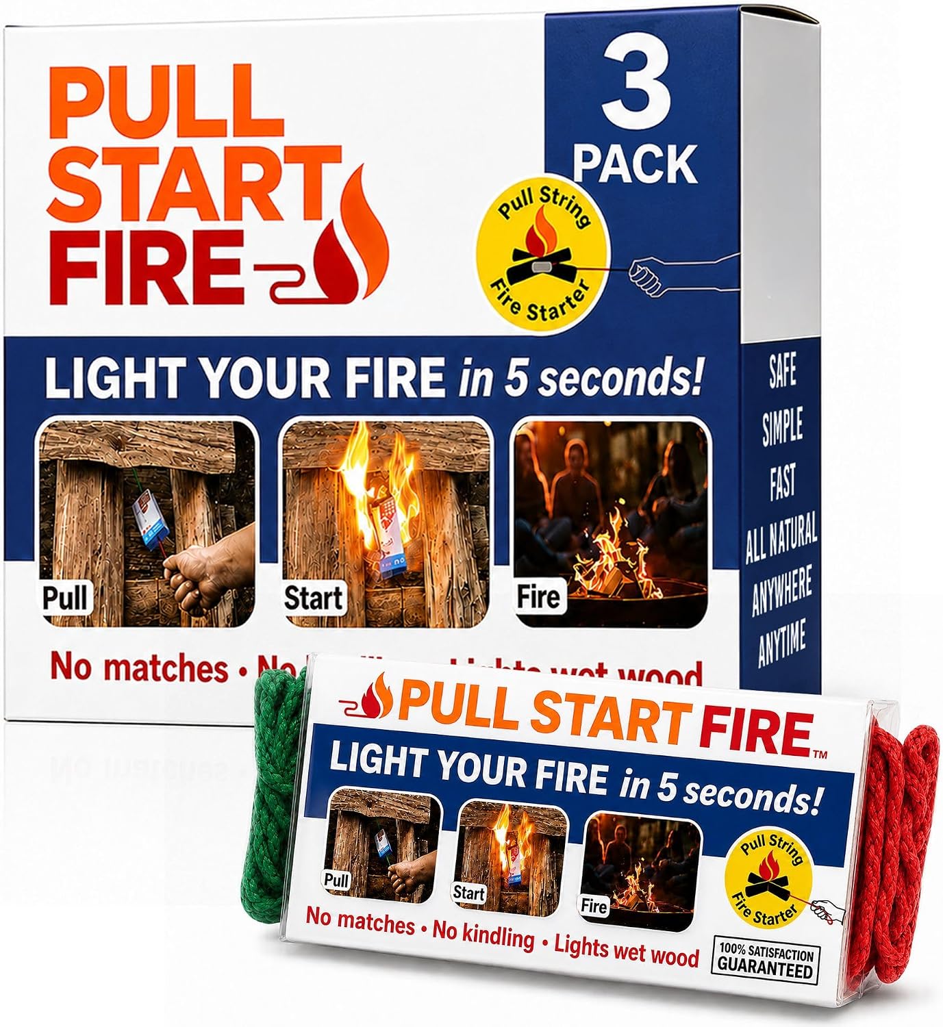 Pull Start Fire Starter, Pull String, No Matches, Lights Wet Wood, 3 Pack
