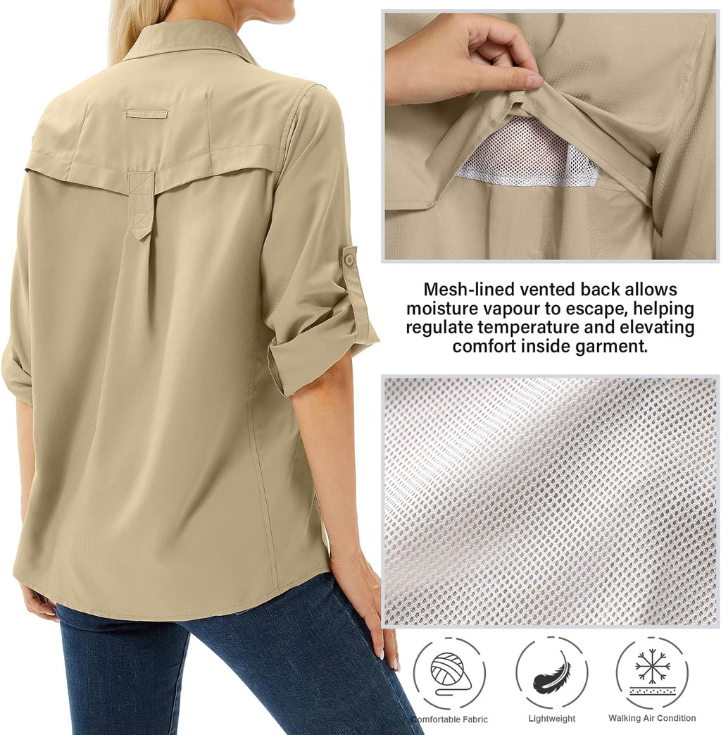 Women's UPF 50 Long Sleeve Sun Protection Safari Fish Hiking Shirts