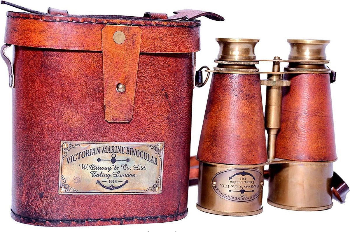 Brass Antique Binoculars, Grey, Brown Leather Strap