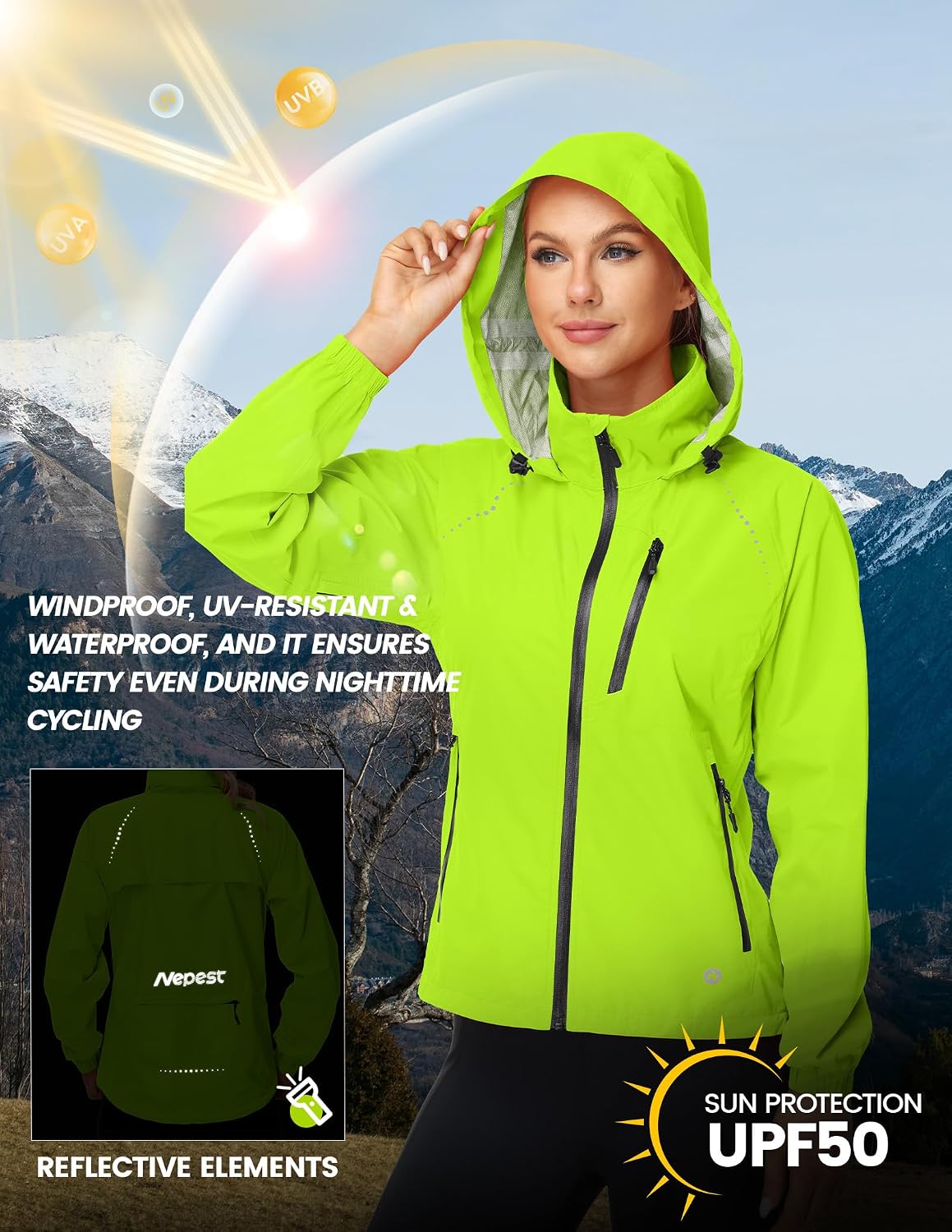 Nepest Womens Cycling Rain Jackets Biking Windbreaker with Hood UPF 50+
