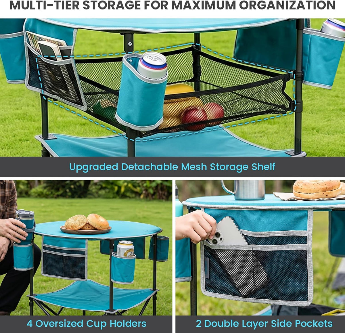 FUNDANGO Folding Beach Table, 3-Tier Removable Mesh Shelf, 4 Cup Holders