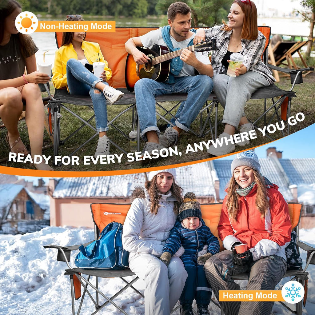 ANTARCTICA GEAR Heated Double Camping Chair with 12V 15000mAh Battery Pack - Heavy-Duty XL Folding Bench for Outdoor, Campsites, Tailgating - Portable Heated Seating with Adjustable Warmth