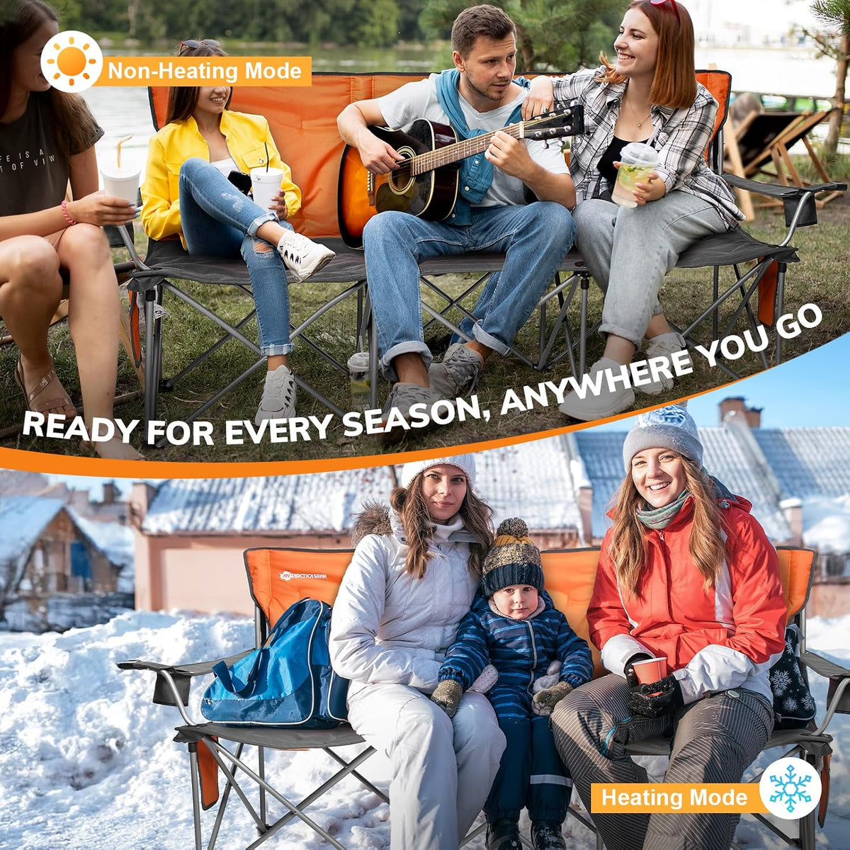 ANTARCTICA GEAR Heated Double Camping Chair with 12V 15000mAh Battery Pack - Heavy-Duty XL Folding Bench for Outdoor, Campsites, Tailgating - Portable Heated Seating with Adjustable Warmth