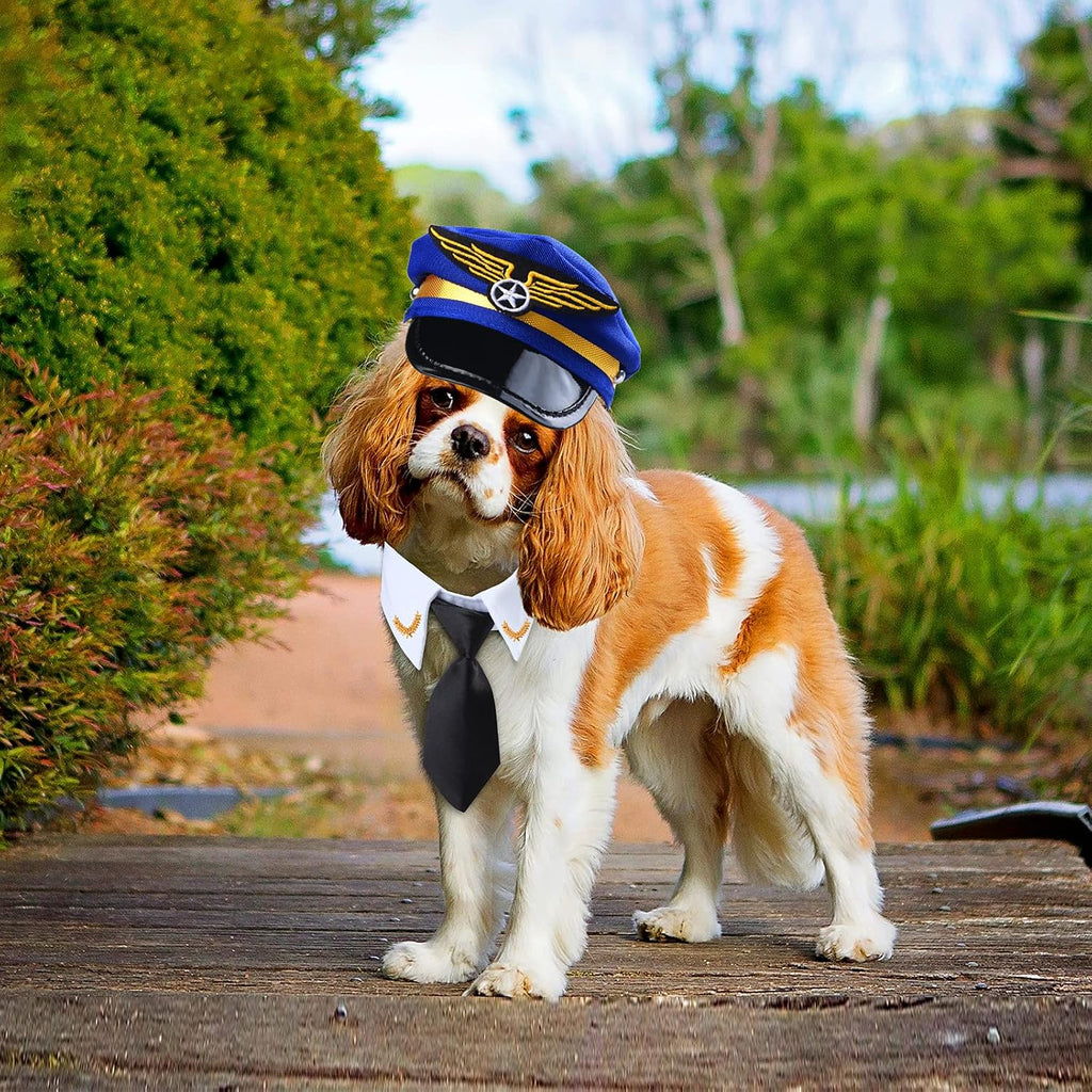 Yewong 3-Piece Pet Captain Costume Accessory Set - Dog & Cat Pilot Hat, Formal Necktie & Collar - Fancy Dress & Halloween Party (Set-B)