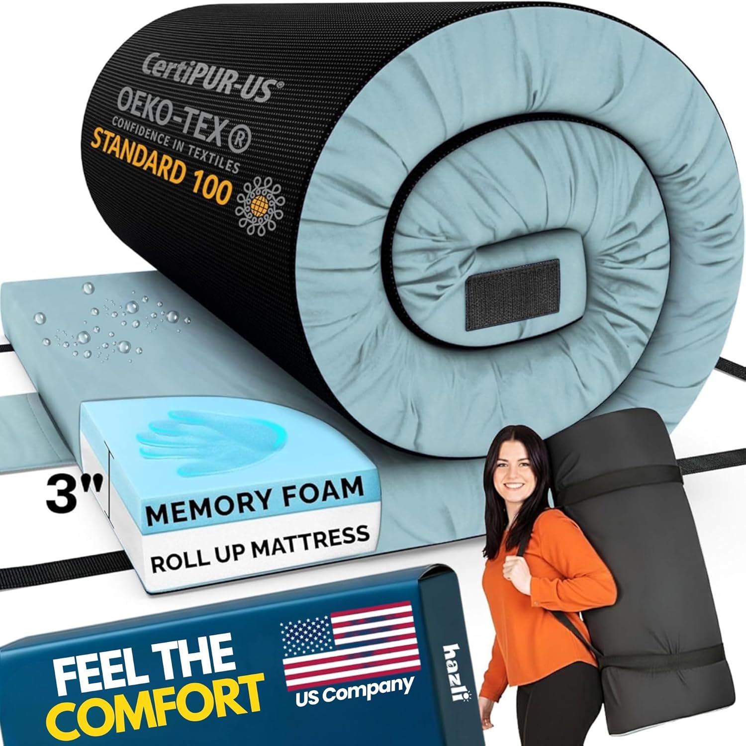 Hazli Matrix AirCell Memory Foam Camping Mattress Pad - CertiPUR-US Roll Up Mattress for Adults - Portable Foam Sleeping Mats for Camping - Camp Cot Sleeping Pad - Floor Sleep Mat Bed Roll for Car RV