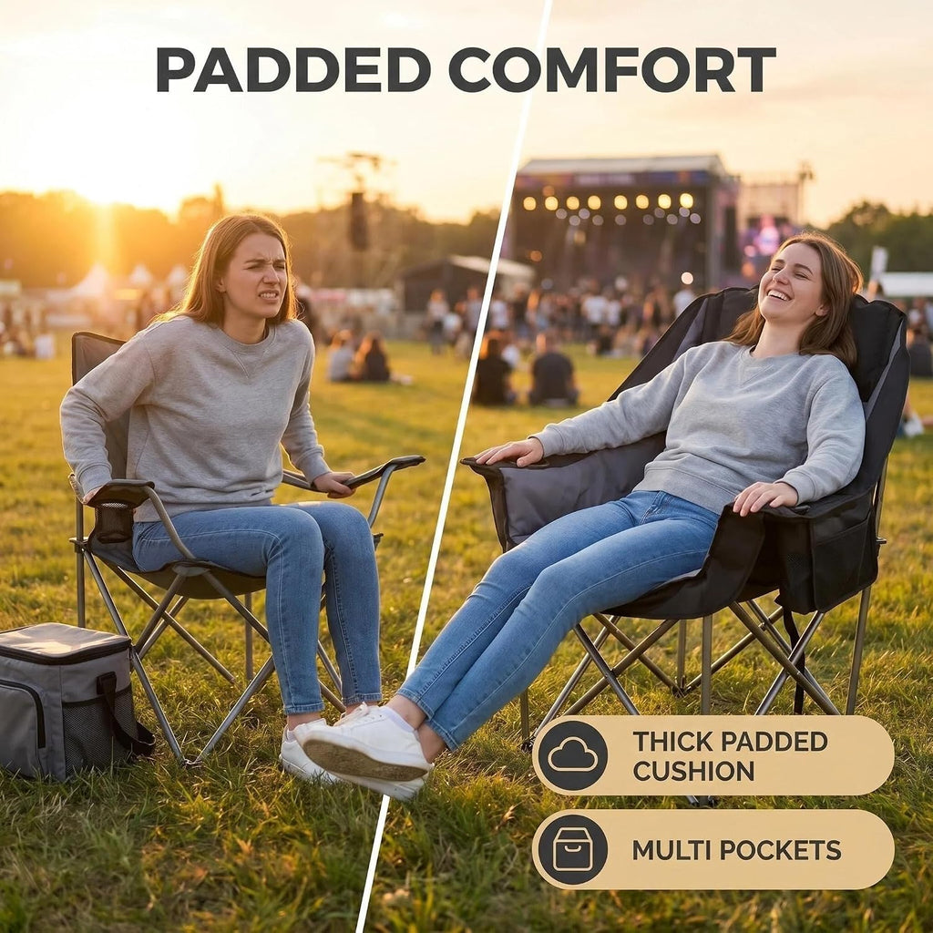 Oversized Camping Chair Padded Heavy Duty Lawn chair Support 500 lbs,Grey