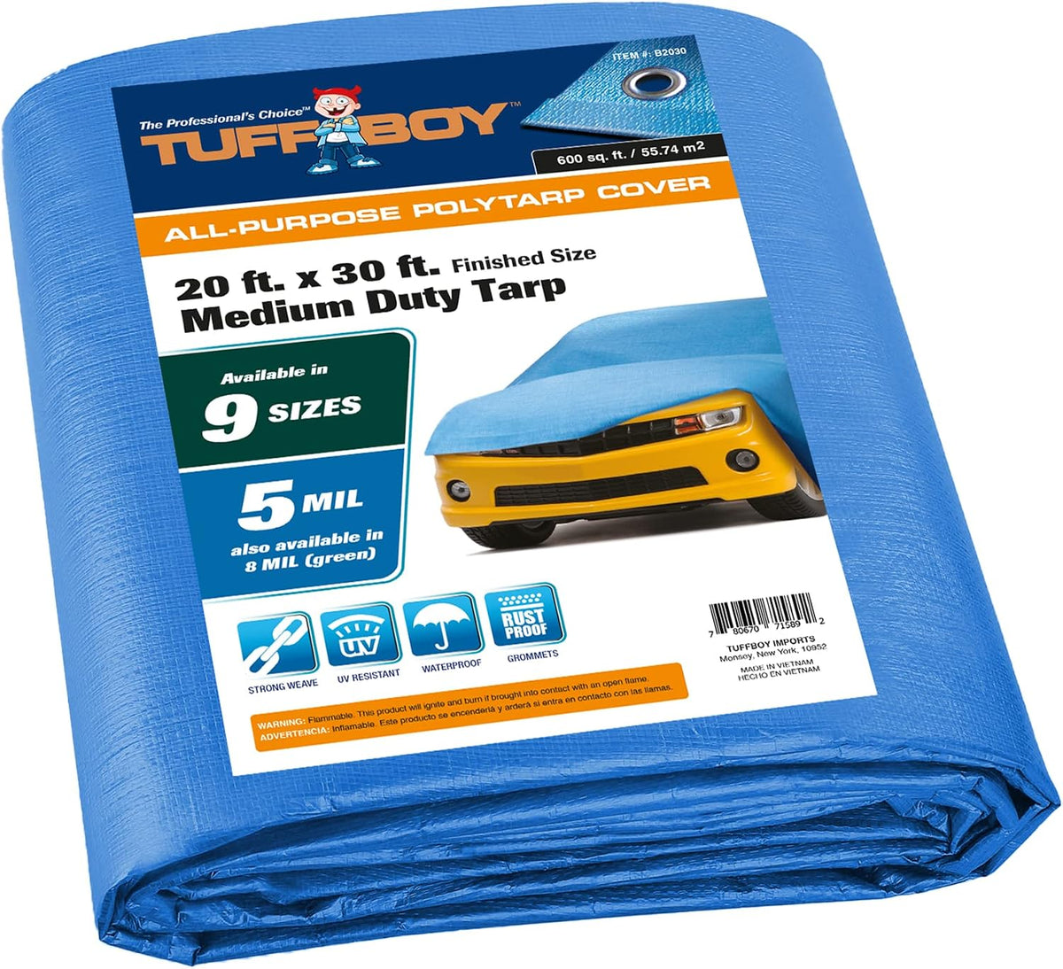 20x30 Waterproof Tarp – 5 MIL Heavy-Duty Poly Tarp Cover – Tear-Resistant, UV Resistant, Weatherproof, Multipurpose Tarpaulin for Camping, Roof, Patio, Pool, Boat, Car, Outdoor Protection