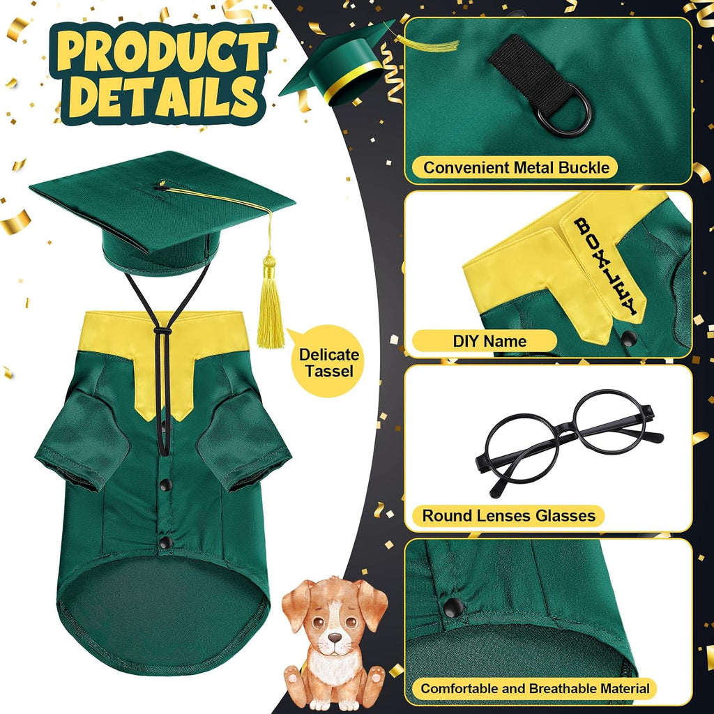 Huhumy 5 Pcs Dog Graduation Costume Set Include 2026 Pet Graduation Gown with Stole Puppy Grad Cap Lensless Glasses DIY Letter Stickers for Dogs Cats Holiday Costume Accessory(Green Yellow,S)