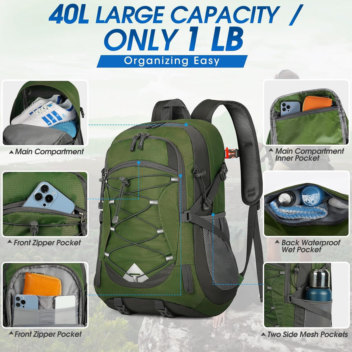 IGOLUMON Hiking Backpack 40L Packable Lightweight Camping Daypack Men Women