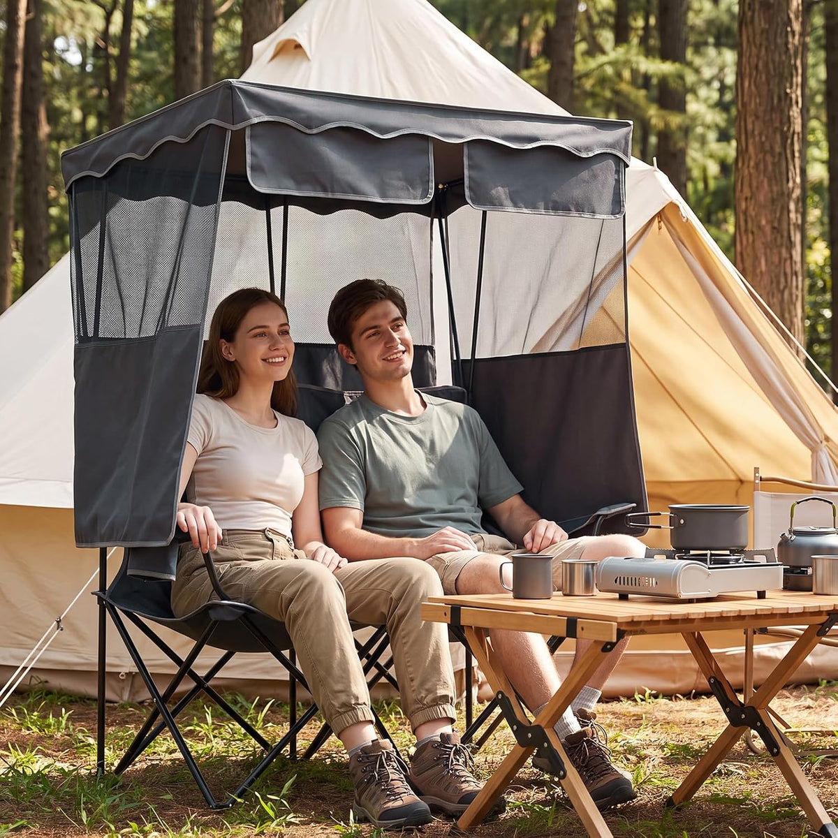 Double Camping Chair with Canopy,2 Person Folding Chair with Canopy, Grey