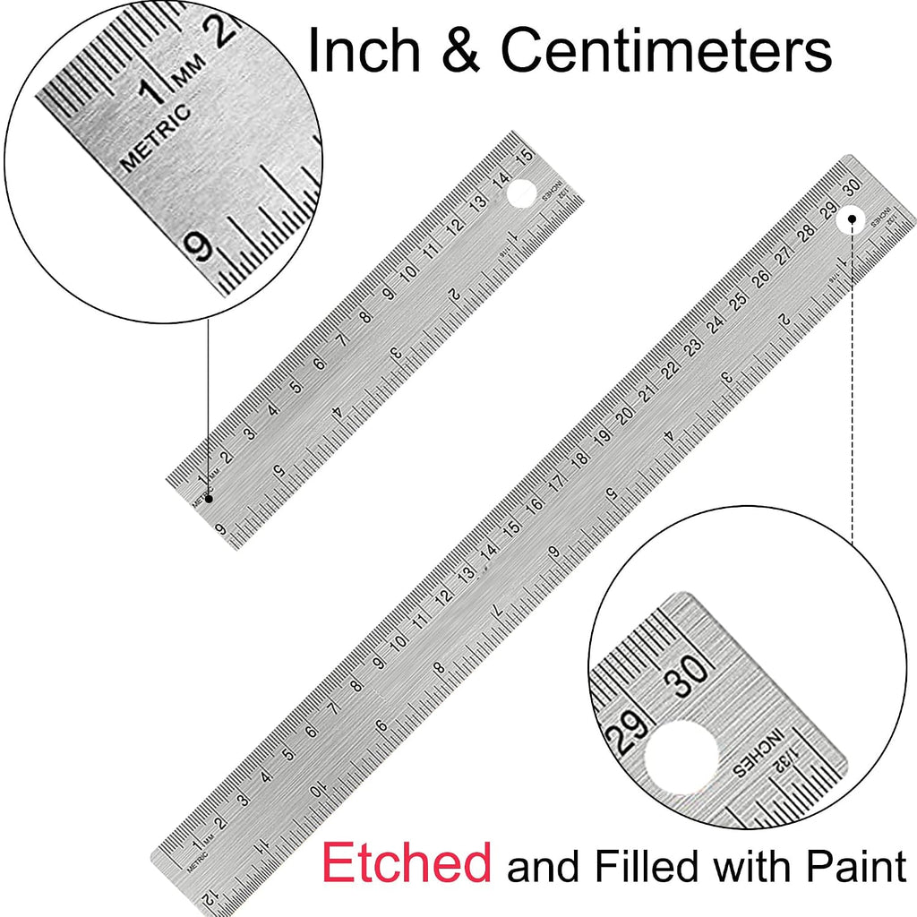 Metal Ruler with Cork Backing, 6 Inch & 12 Inch, Non-Slip Straight Edge
