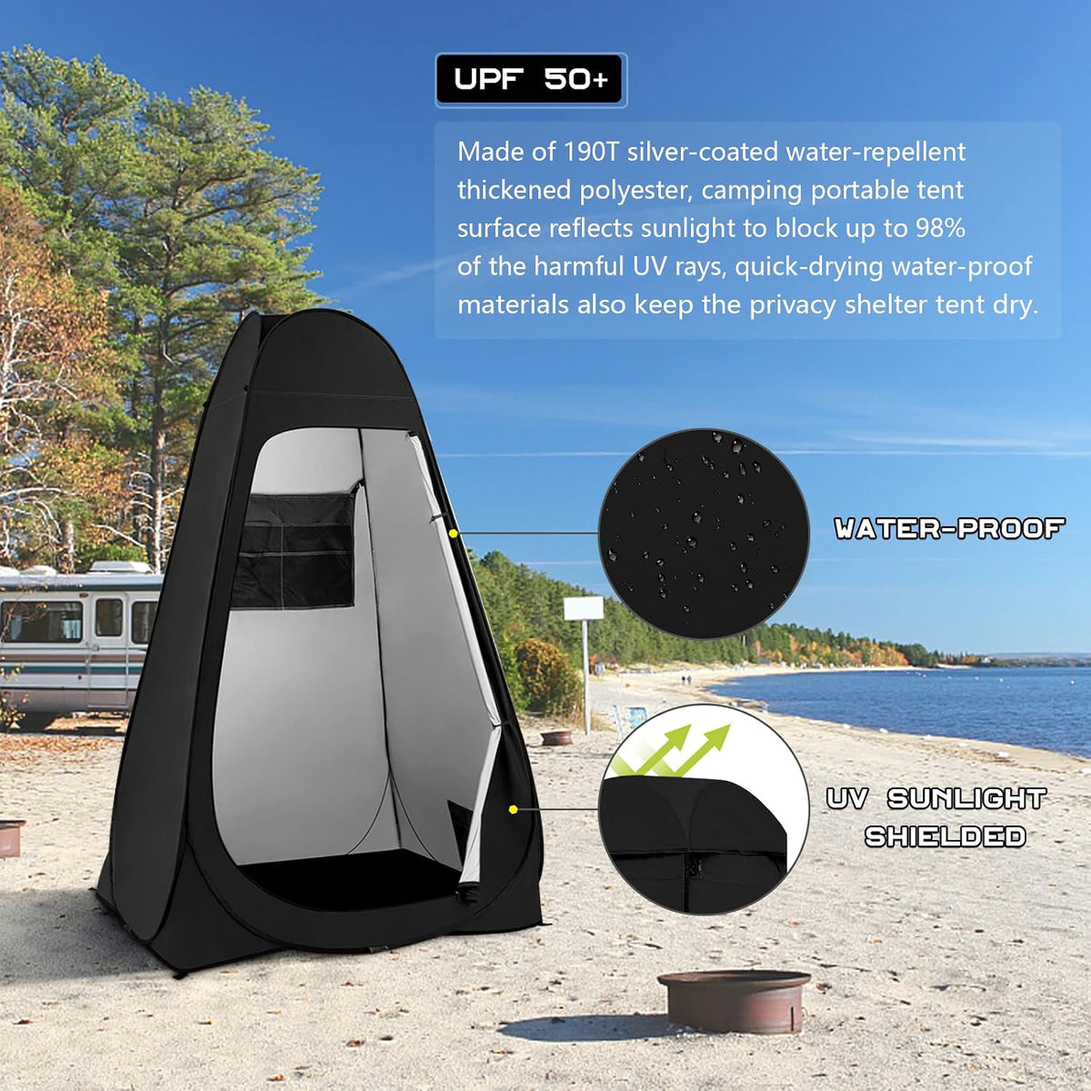 BRIAN & DANY Pop Up Shower Tent, Portable Changing Tent with Rain Shelter & Windows, Privacy Tent for Camping, Toilet or Bathroom, UPF 50+ & Waterproof, 47.2" x 47.2" x 74.8", Black