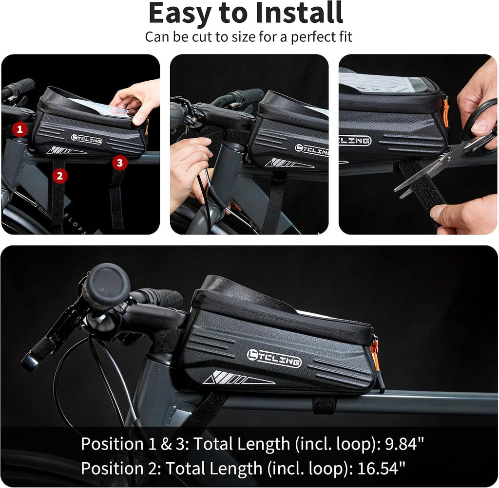 Bike Phone Bag with TPU Sensitive Touch, Waterproof Top Tube Bicycle Front Frame Bag, 1.9L Large Capacity EVA Hard Shell Mount Bike Phone Holder Bag Under 7", Handlebar Bag Bike Accessories