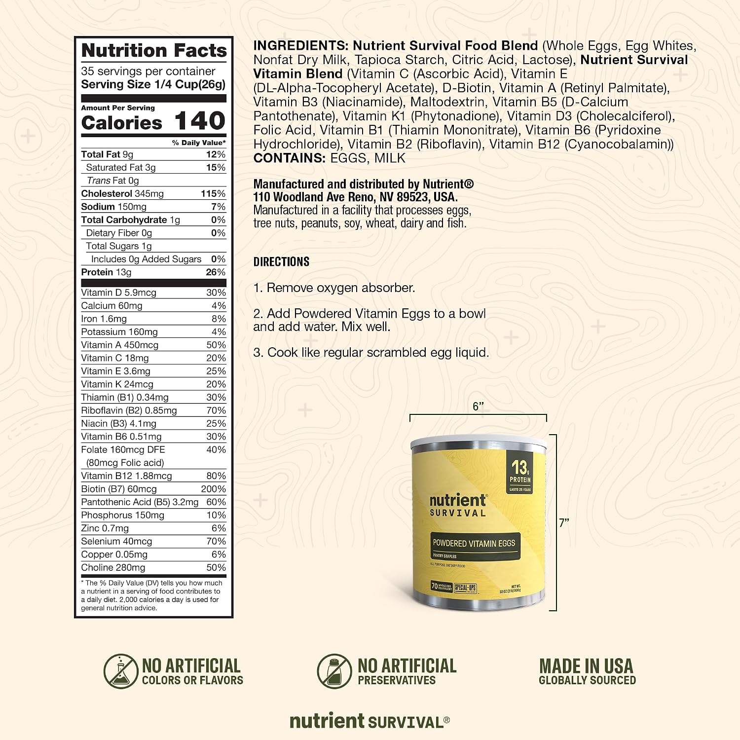 4 Cans, 70 Egg Equivalent per can - Nutrient Survival Vitamin Powdered Eggs Freeze Dried Prepper Supplies & Emergency Food Supply, 33 Essential Nutrients, Gluten Free, Shelf Stable Up to 25 Years
