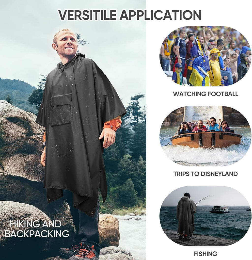 PTEROMY Hooded Rain Poncho for Adults, Reusable Waterproof Raincoat