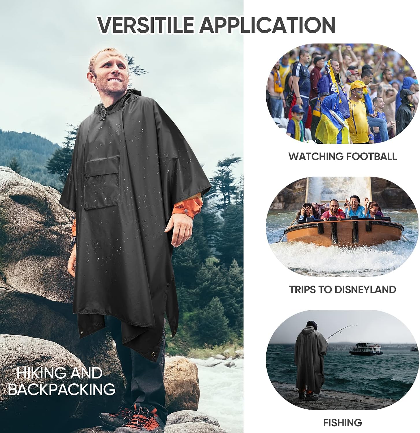 PTEROMY Hooded Rain Poncho for Adults, Reusable Waterproof Raincoat