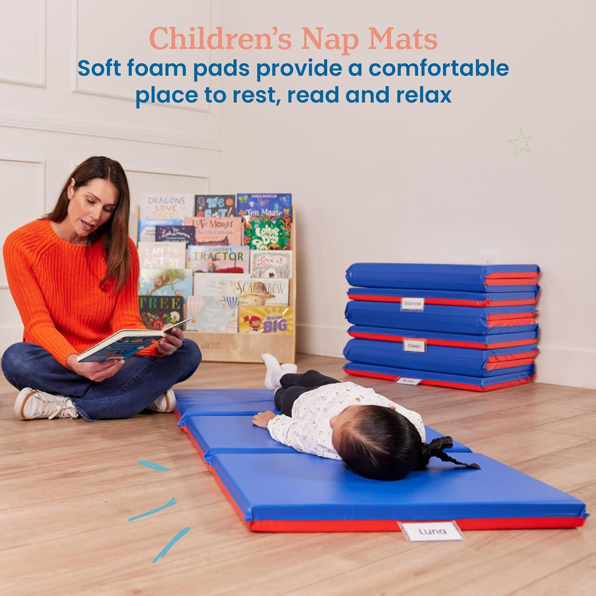 ECR4Kids Premium Folding Rest Mat, 3-Section, 2in, Sleeping Pad, Blue/Red
