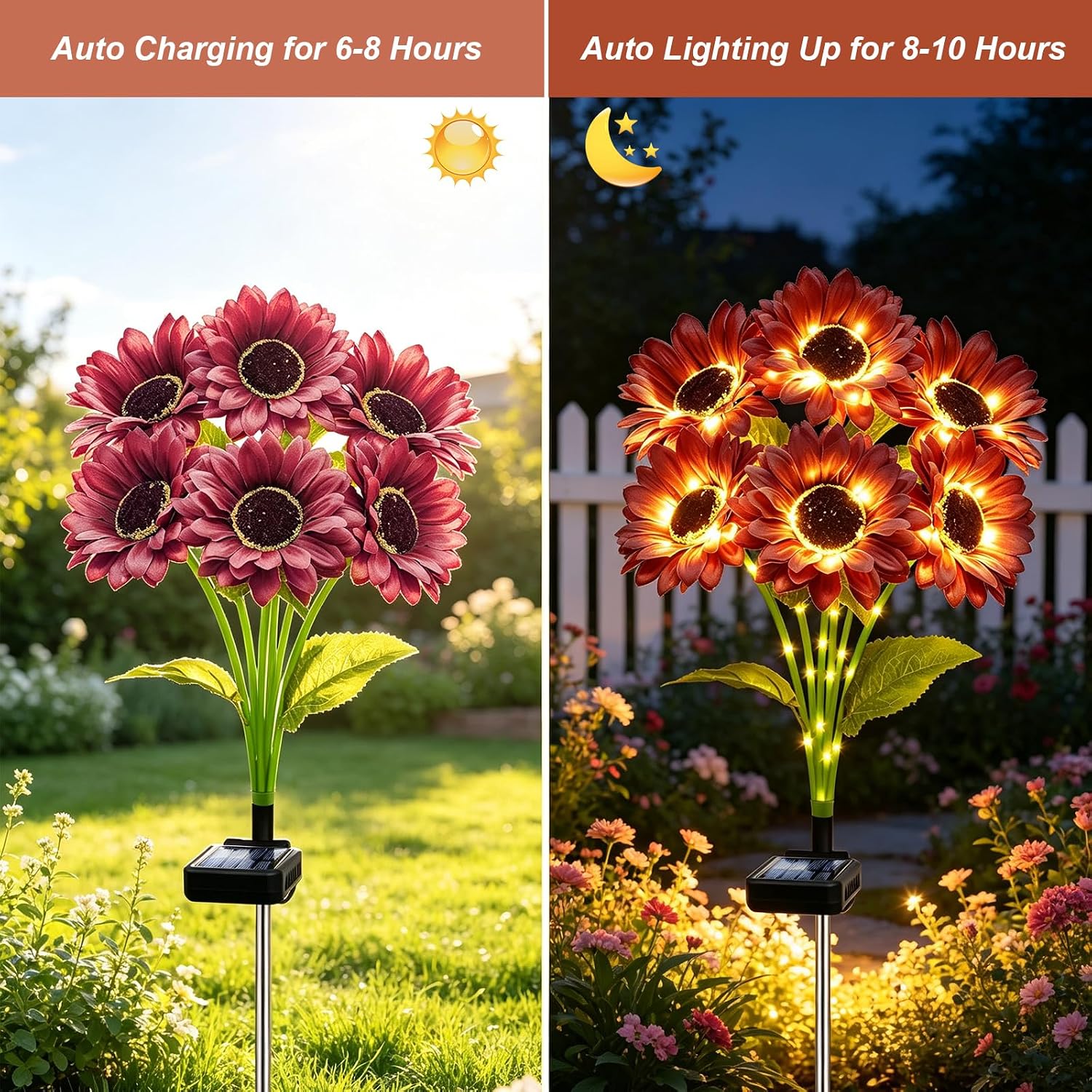 MRHEPHAESTUS Solar Garden Lights Outdoor, 4 Pack Solar Brown Sunflower Lights with 18 Head 3.5 Inch Flowers, Waterproof Flowers Light Fall Decor Auto ON/Off for Garden Yard Patio, Gifts for Mom Women