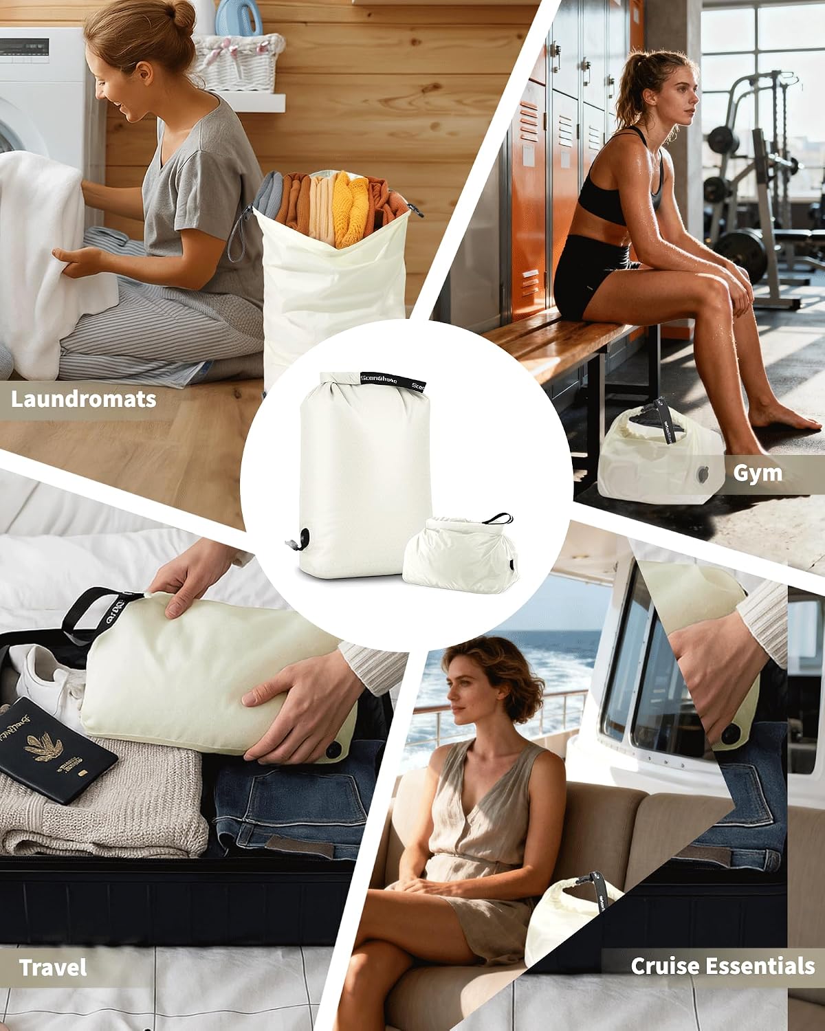 Travel Compression Laundry Bag for Dirty Clothes, Pump-Free Vacuum Space Saver Bag, Reusable Waterproof Wet Dry Bag, Travel Laundry Bag for Luggage, Packing, Suitcase (1 Pcs)（White, L)