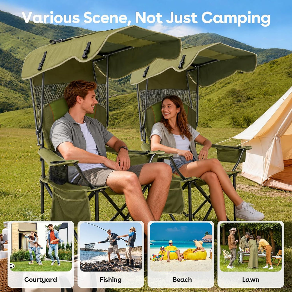 Suteck Camping Chair with Canopy Shade, Folding Outdoor Beach Chairs, Green